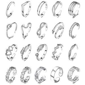 Silver Adjustable Boho Open Toe Rings - Set of 20